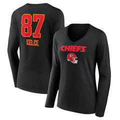 Travis Kelce Kansas City Chiefs Women's Team Wordmark Player Name & Number Long Sleeve V-Neck T-Shirt - Black - NFL