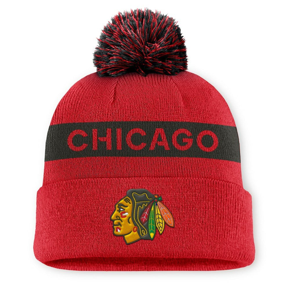Chicago Blackhawks Fanatics Women's Authentic Pro Rink Cuffed Knit Hat with Pom - Red/Black | Fanatics Lifestyle