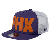 New Era Phoenix Suns Puff Print Team Code A-Frame 9FIFTY Trucker Snapback Hat Purple