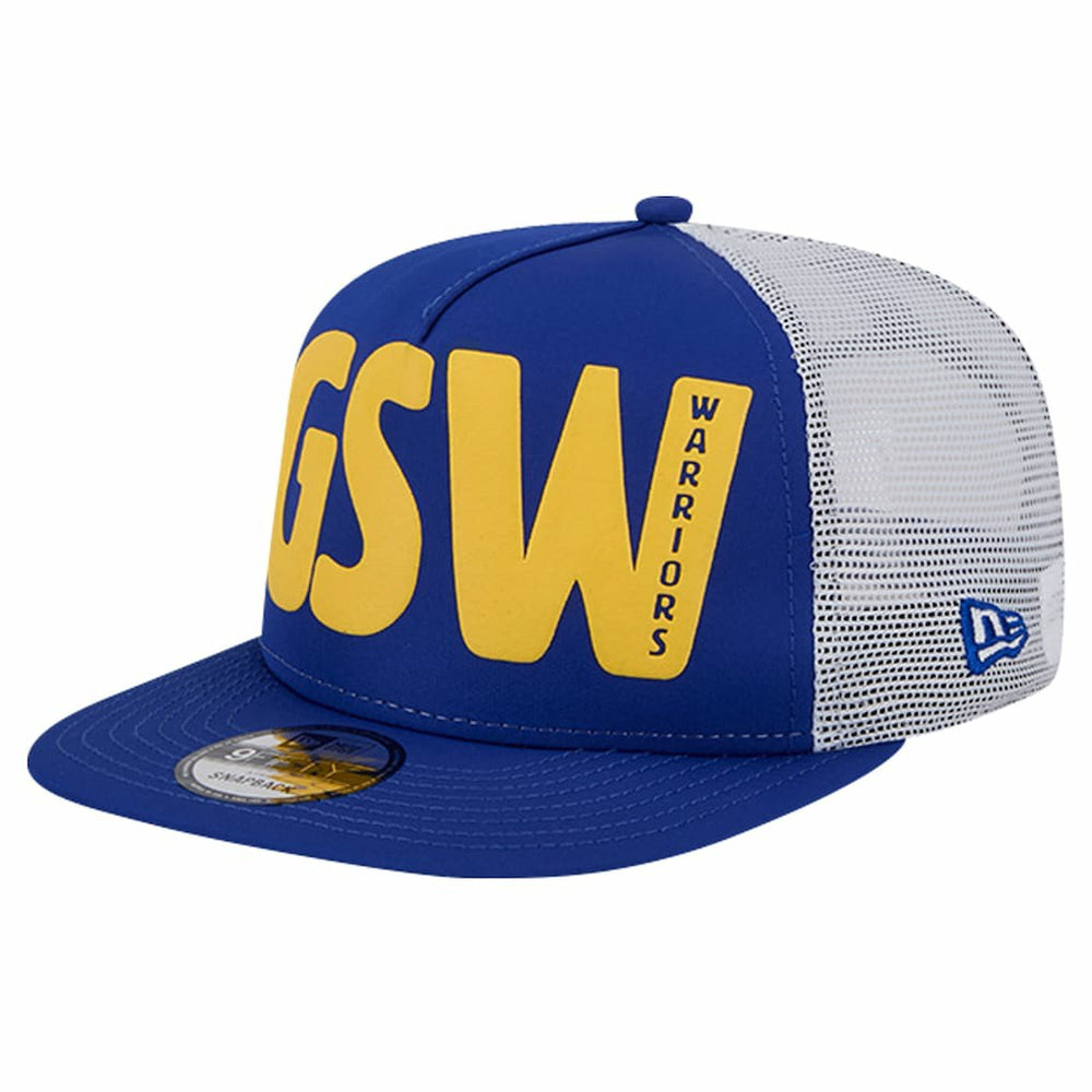 New Era Golden State Warriors Puff Print Team Code A-Frame 9FIFTY Trucker Snapback Hat Royal