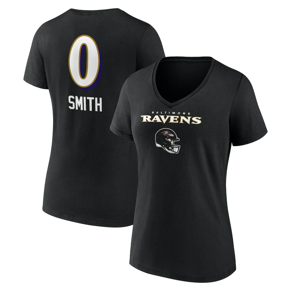 Roquan Smith Baltimore Ravens Women's Team Wordmark Player Name & Number V-Neck T-Shirt - Black - NFL
