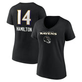 Kyle Hamilton Baltimore Ravens Women's Team Wordmark Player Name & Number V-Neck T-Shirt - Black - NFL