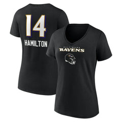 Kyle Hamilton Baltimore Ravens Women's Team Wordmark Player Name & Number V-Neck T-Shirt - Black - NFL