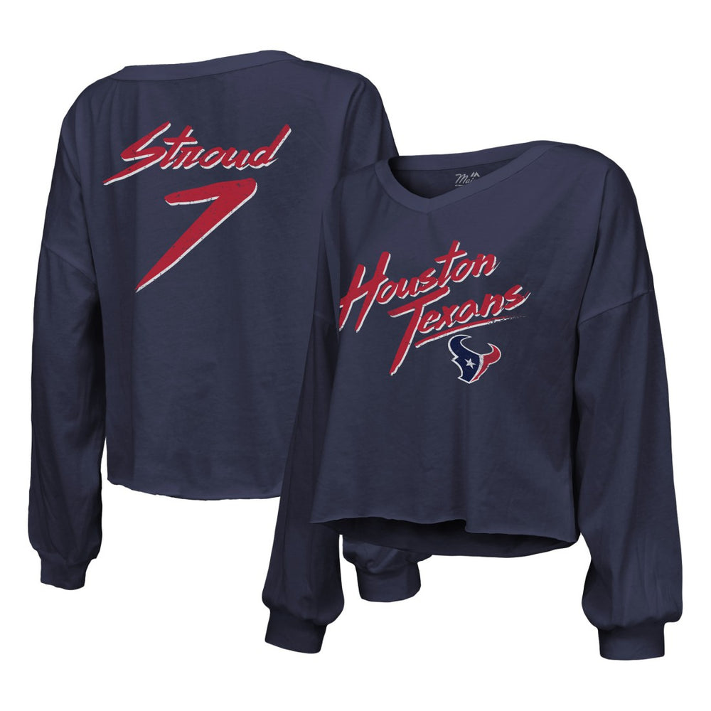 C.J. Stroud Houston Texans Majestic Threads Women's Name & Number Script Off-Shoulder Cropped Long Sleeve T-Shirt - Navy - NFL