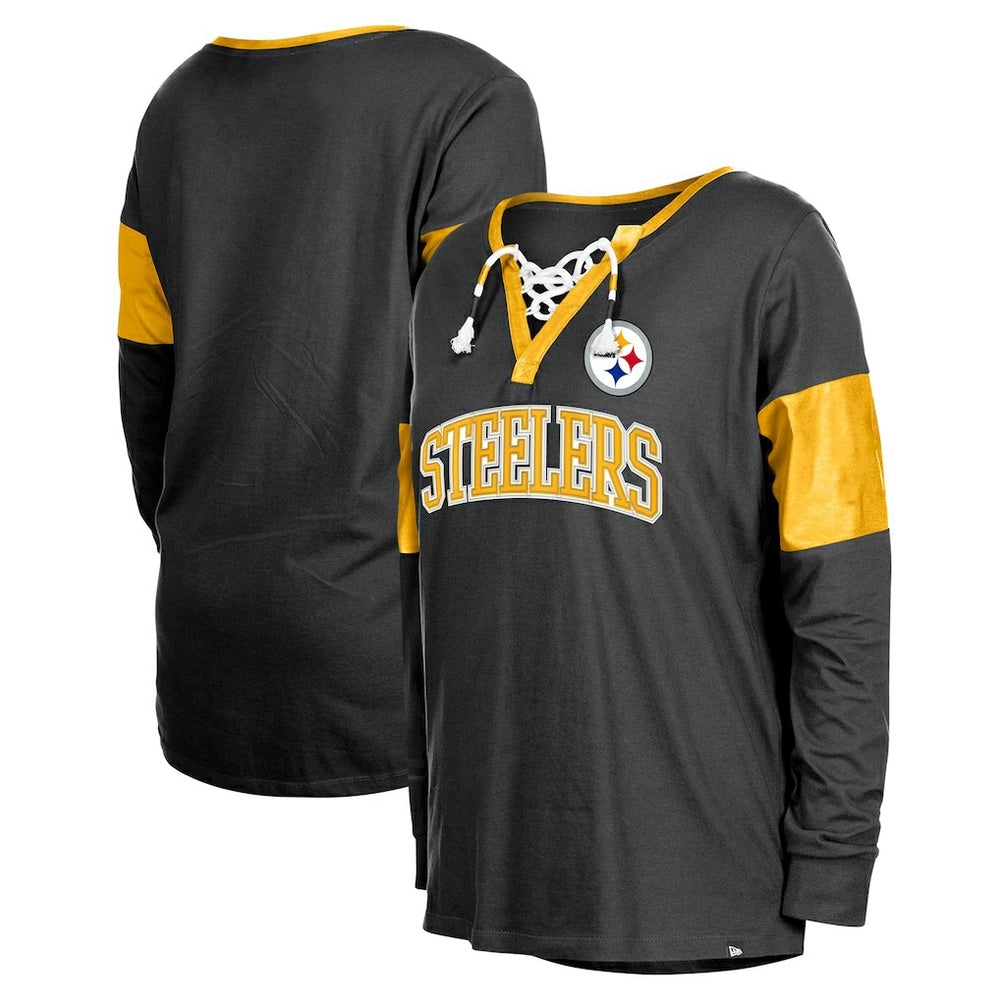 Pittsburgh Steelers New Era Women's Lace-Up Notch-Neck Long Sleeve T-Shirt - Black - NFL