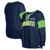 Seattle Seahawks New Era Women's Plus Size Lace-Up Notch Neck Long Sleeve T-Shirt - College Navy - NFL