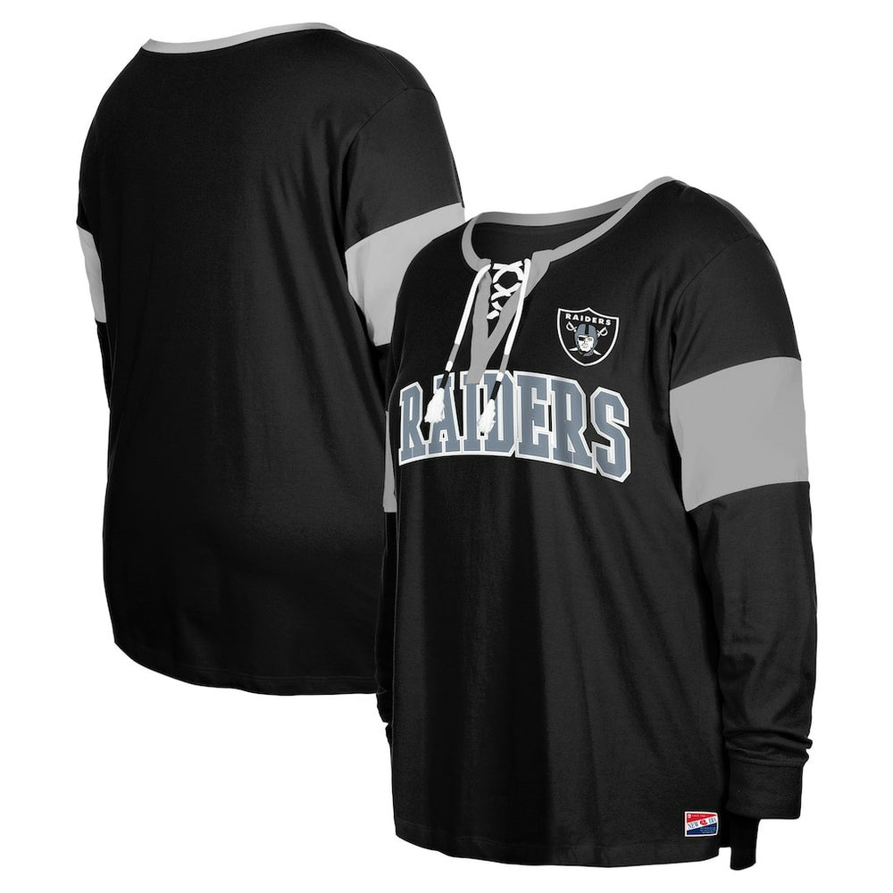 Las Vegas Raiders New Era Women's Plus Size Lace-Up Notch Neck Long Sleeve T-Shirt - Black - NFL