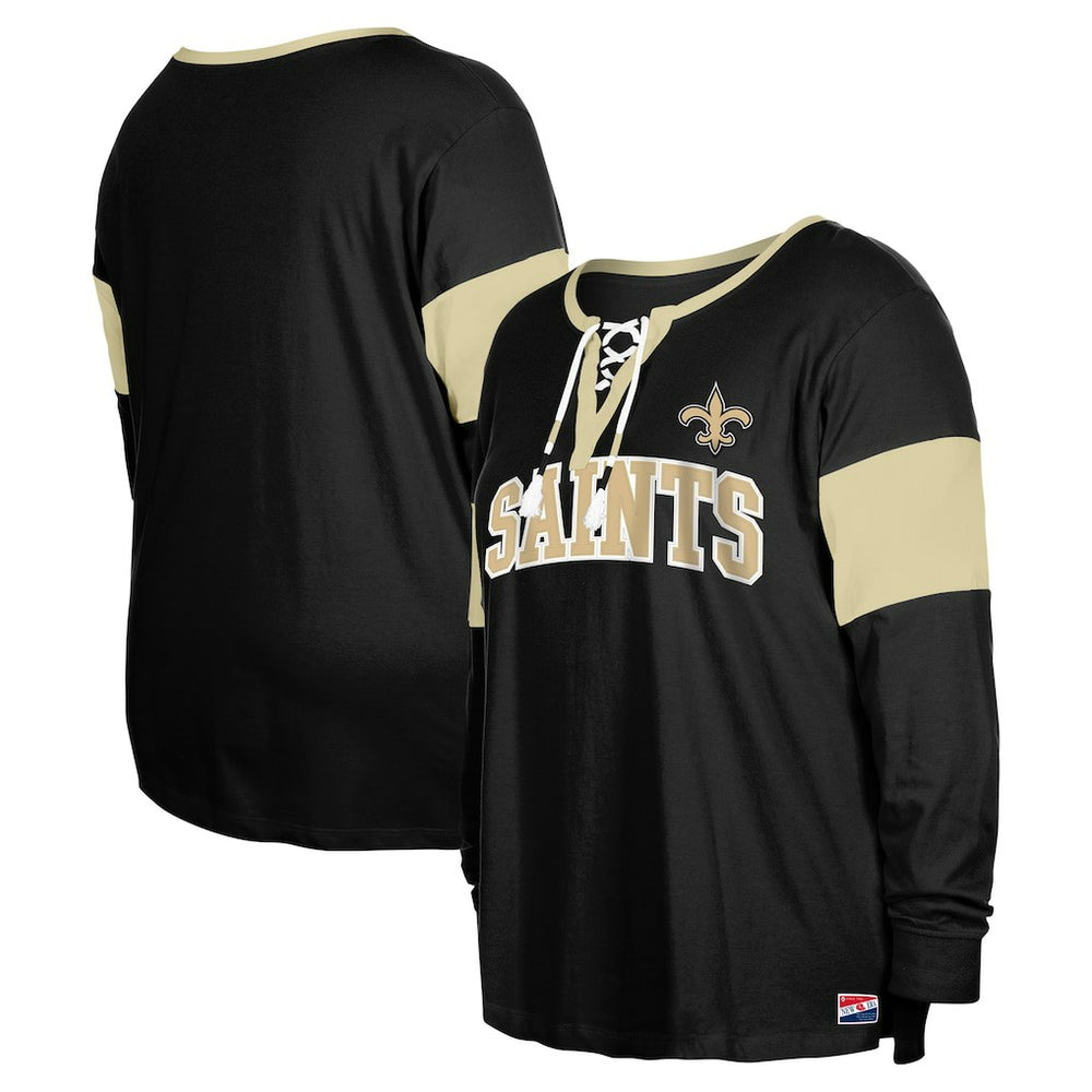 New Orleans Saints New Era Women's Plus Size Lace-Up Notch Neck Long Sleeve T-Shirt - Black - NFL