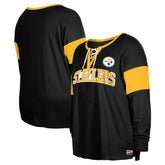 Pittsburgh Steelers New Era Women's Plus Size Lace-Up Notch Neck Long Sleeve T-Shirt - Black - NFL