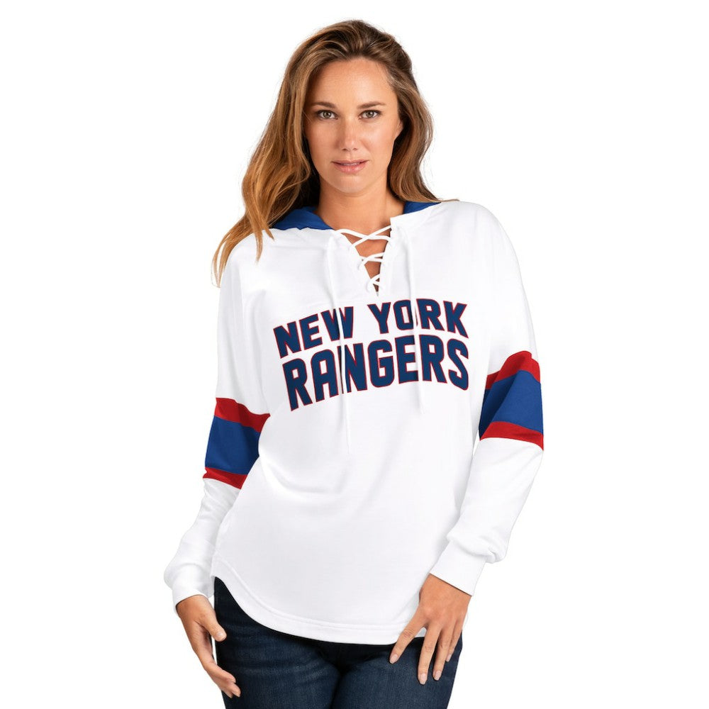 New York Rangers G-III 4Her by Carl Banks Women's Goal Zone Long Sleeve Lace-Up Hoodie T-Shirt - White/Blue | NHL sale