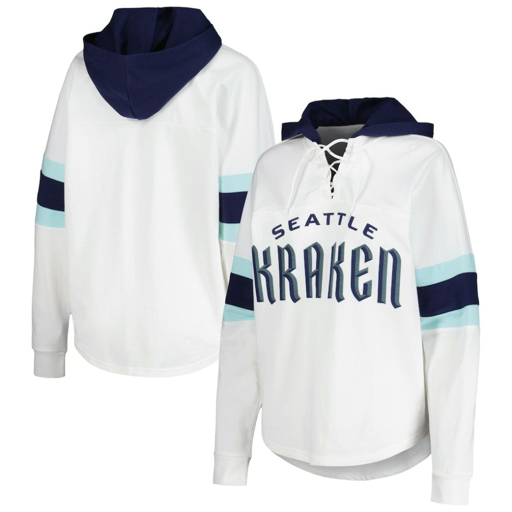 Seattle Kraken G-III 4Her by Carl Banks Women's Goal Zone Long Sleeve Lace-Up Hoodie T-Shirt - White/Deep Sea Blue | NHL sale