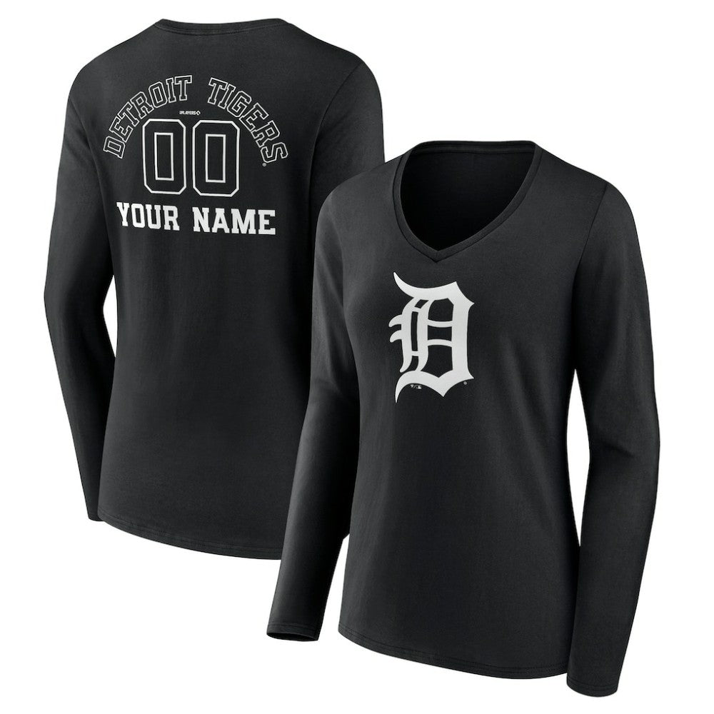 Detroit Tigers Women's Monochrome Personalized Name & Number Long Sleeve V-Neck T-Shirt Outlet
