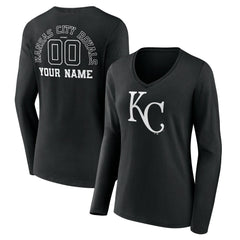 Kansas City Royals Women's Monochrome Personalized Name & Number Long Sleeve V-Neck T-Shirt Sale