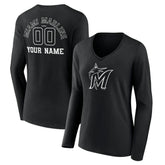 Miami Marlins Women's Monochrome Personalized Name & Number Long Sleeve V-Neck T-Shirt Near Me