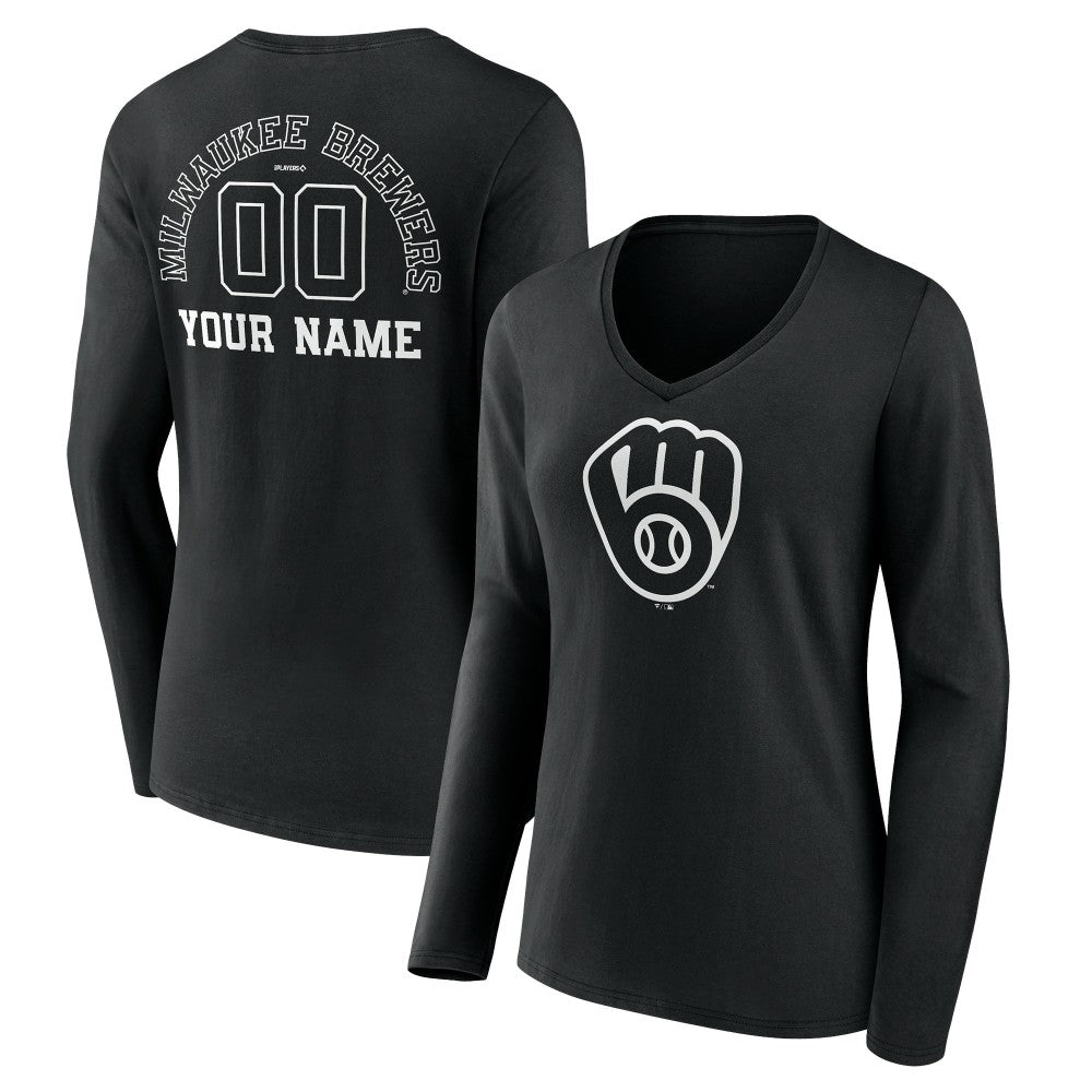 Milwaukee Brewers Women's Monochrome Personalized Name & Number Long Sleeve V-Neck T-Shirt for sale