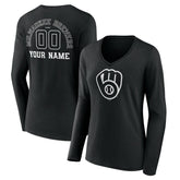 Milwaukee Brewers Women's Monochrome Personalized Name & Number Long Sleeve V-Neck T-Shirt for sale