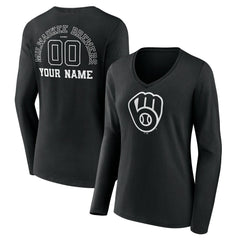 Milwaukee Brewers Women's Monochrome Personalized Name & Number Long Sleeve V-Neck T-Shirt for sale