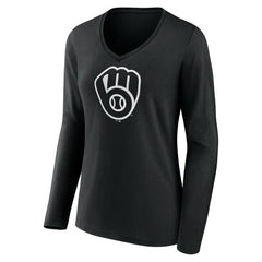 Milwaukee Brewers Women's Monochrome Personalized Name & Number Long Sleeve V-Neck T-Shirt for sale