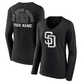 San Diego Padres Women's Monochrome Personalized Name & Number Long Sleeve V-Neck T-Shirt Sale