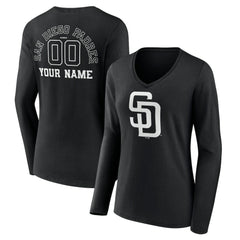 San Diego Padres Women's Monochrome Personalized Name & Number Long Sleeve V-Neck T-Shirt Sale
