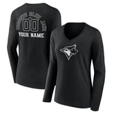 Toronto Blue Jays Women's Monochrome Personalized Name & Number Long Sleeve V-Neck T-Shirt Sale