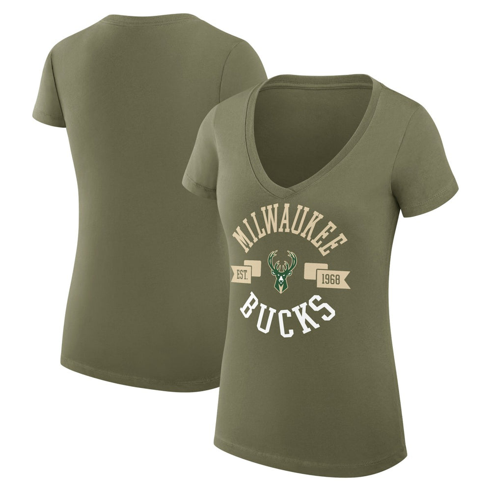 Milwaukee Bucks G-III 4Her by Carl Banks Women's Super-Slim Fit Lightweight Large City Logo V-Neck T-Shirt Olive