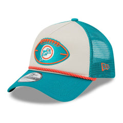 Miami Dolphins New Era 2024 Sideline Historic 9FORTY A-Frame Trucker Adjustable Hat - Stone/Aqua - NFL
