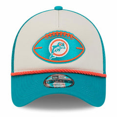 Miami Dolphins New Era 2024 Sideline Historic 9FORTY A-Frame Trucker Adjustable Hat - Stone/Aqua - NFL