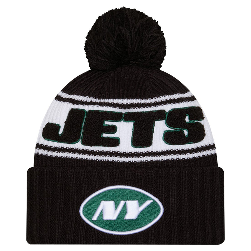 New York Jets New Era Youth 2024/25 Sideline Cuffed Knit Hat with Pom - Black - NFL