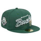 New Era Milwaukee Bucks Sport Night Script Sided 59FIFTY Fitted Hat Hunter Green
