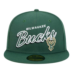 New Era Milwaukee Bucks Sport Night Script Sided 59FIFTY Fitted Hat Hunter Green