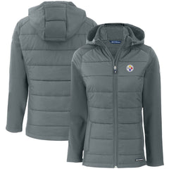 Pittsburgh Steelers Cutter & Buck Women's Evoke PrimaLoft Hybrid Eco Softshell Recycled Full-Zip Hooded Jacket - Gray - NFL