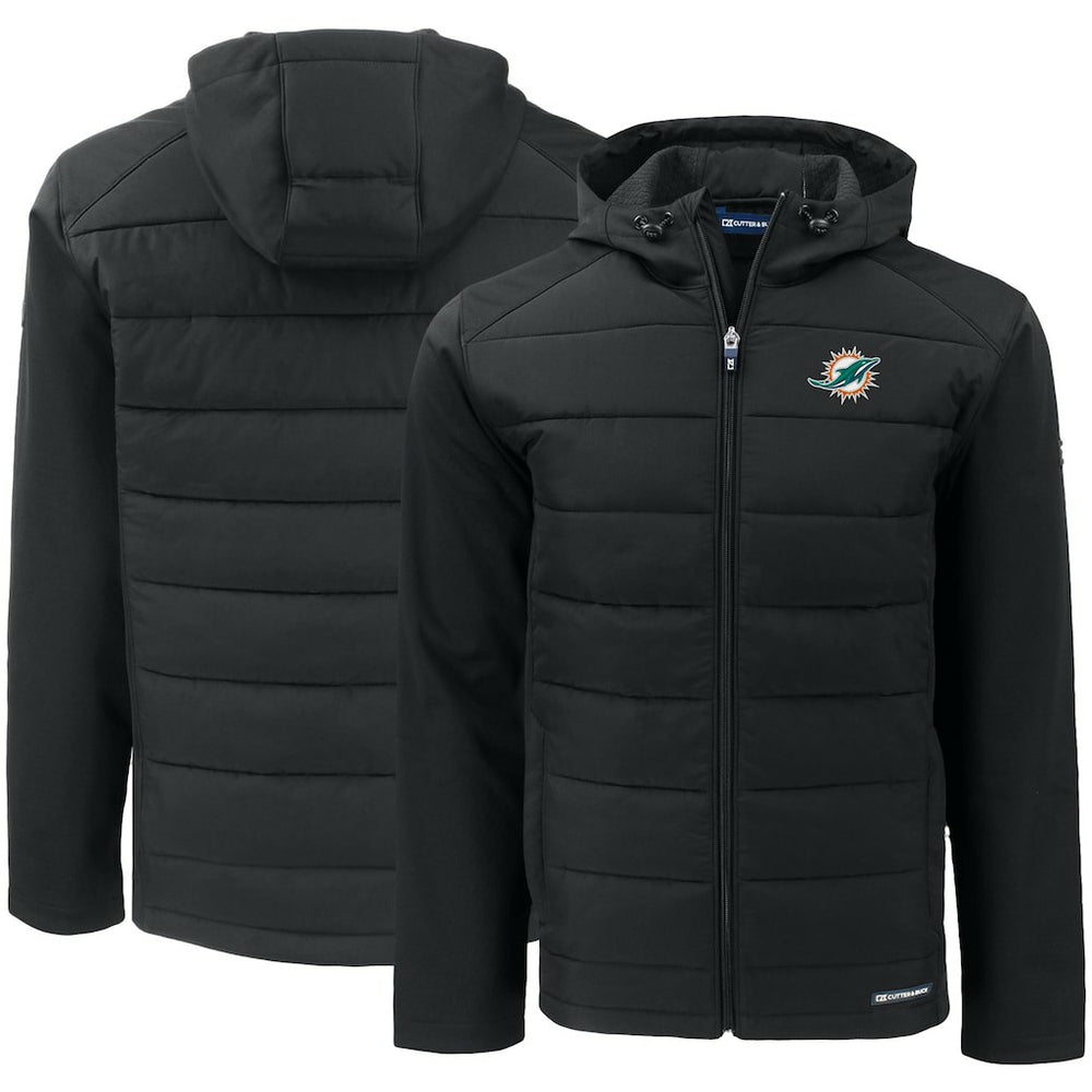 Miami Dolphins Cutter & Buck Evoke PrimaLoft Hybrid Eco Softshell Recycled Full-Zip Hooded Jacket - Black - NFL