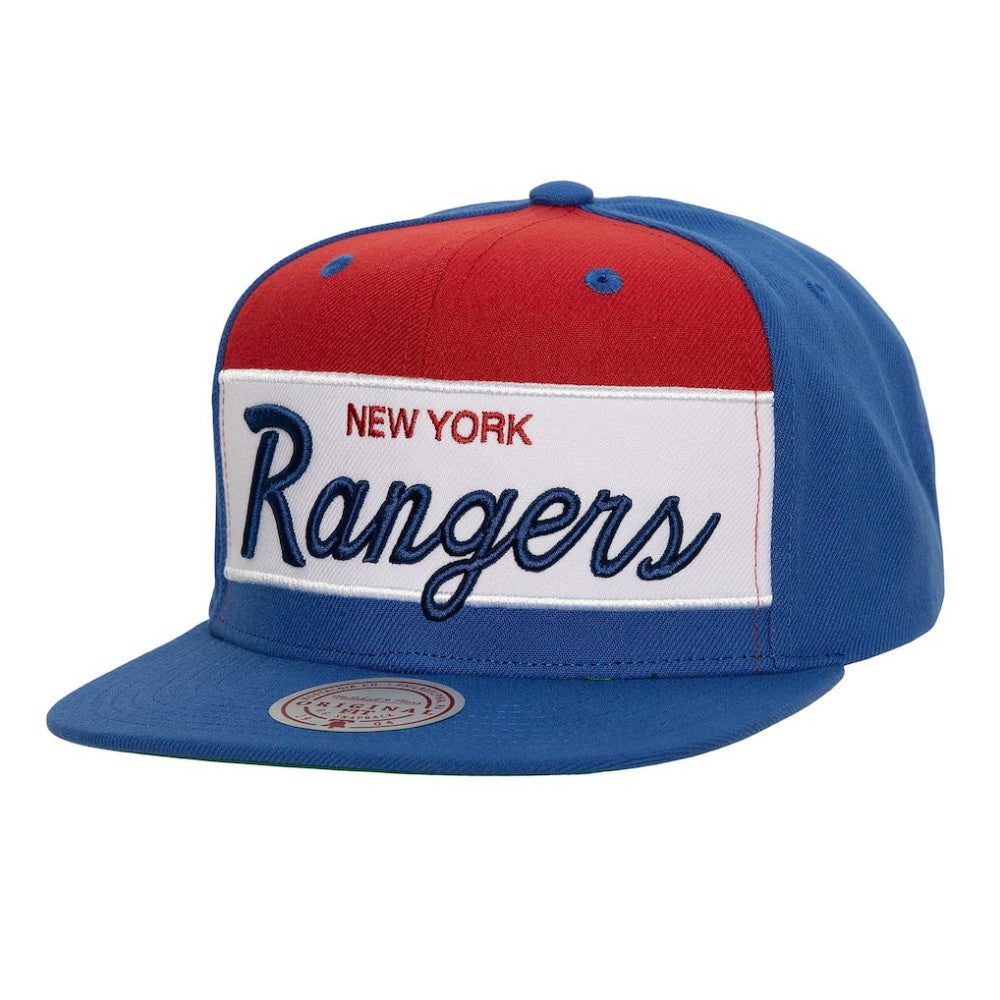 New York Rangers Mitchell & Ness Retro Script Colorblock Snapback Hat - Blue | NHL sale