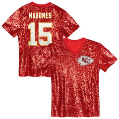 Patrick Mahomes Kansas City Chiefs Girls Youth Sequin V-Neck Fashion Jersey - Red - NFL