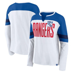 New York Rangers Fanatics Women's Frozen Long Sleeve Notch Neck T-Shirt - White/Blue | Fanatics discount