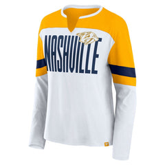 Nashville Predators Fanatics Women's Frozen Long Sleeve Notch Neck T-Shirt - White/Gold | Fanatics sale