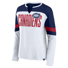 Montreal Canadiens Fanatics Women's Frozen Long Sleeve Notch Neck T-Shirt - White/Navy | Fanatics online