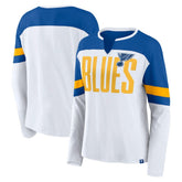 St. Louis Blues Fanatics Women's Frozen Long Sleeve Notch Neck T-Shirt - White/Blue | Fanatics Clearance