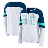 Seattle Kraken Fanatics Women's Frozen Long Sleeve Notch Neck T-Shirt - White/Deep Sea Blue | Fanatics Clearance