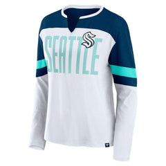 Seattle Kraken Fanatics Women's Frozen Long Sleeve Notch Neck T-Shirt - White/Deep Sea Blue | Fanatics Clearance