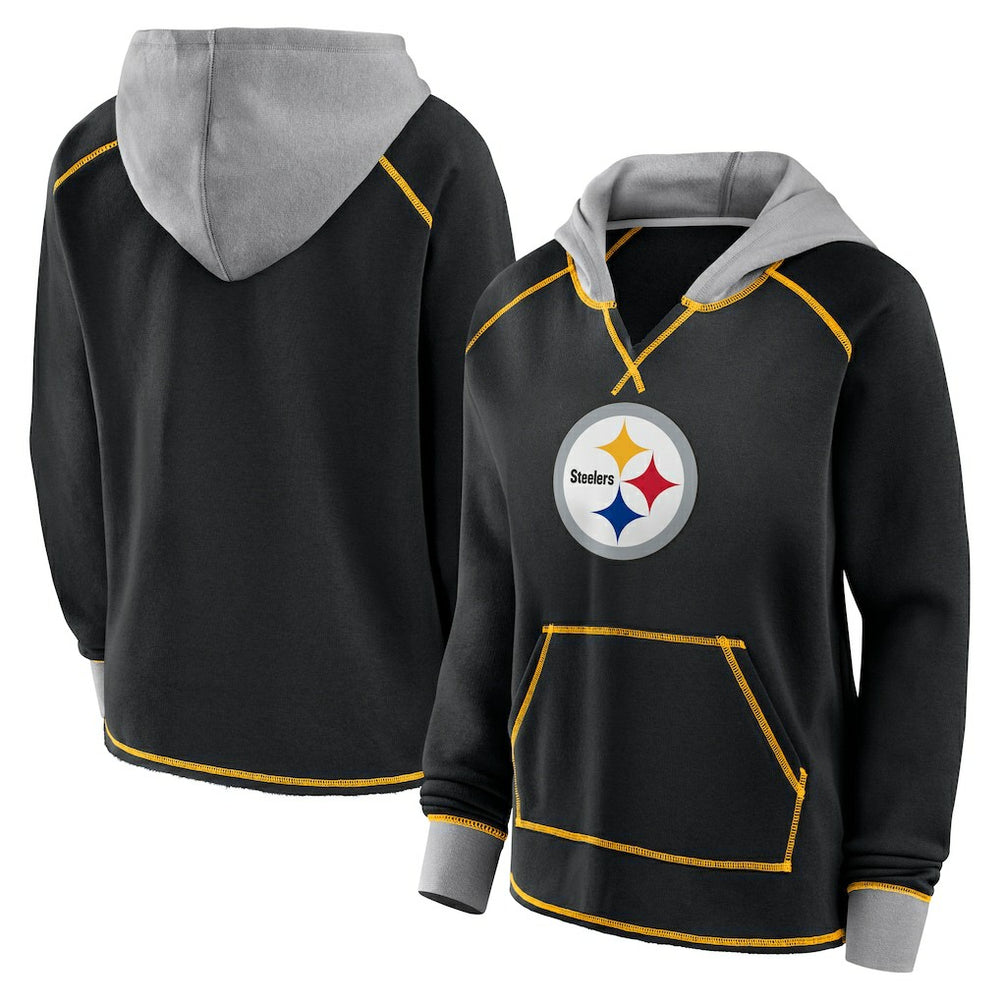 Pittsburgh Steelers Logo Athletic Women's Boom Fleece Pullover V-Neck Hoodie - Black - NFL