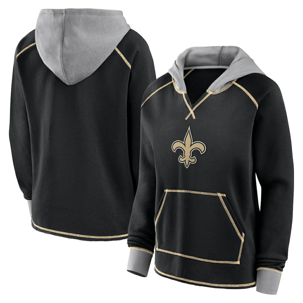 New Orleans Saints Logo Athletic Women's Boom Fleece Pullover V-Neck Hoodie - Black - NFL