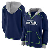Seattle Seahawks Logo Athletic Women's Boom Fleece Pullover V-Neck Hoodie - College Navy - NFL