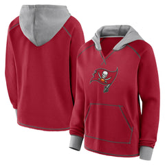Tampa Bay Buccaneers Logo Athletic Women's Boom Fleece Pullover V-Neck Hoodie - Red - NFL