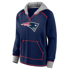 New England Patriots Logo Athletic Women's Boom Fleece Pullover V-Neck Hoodie - Navy - NFL