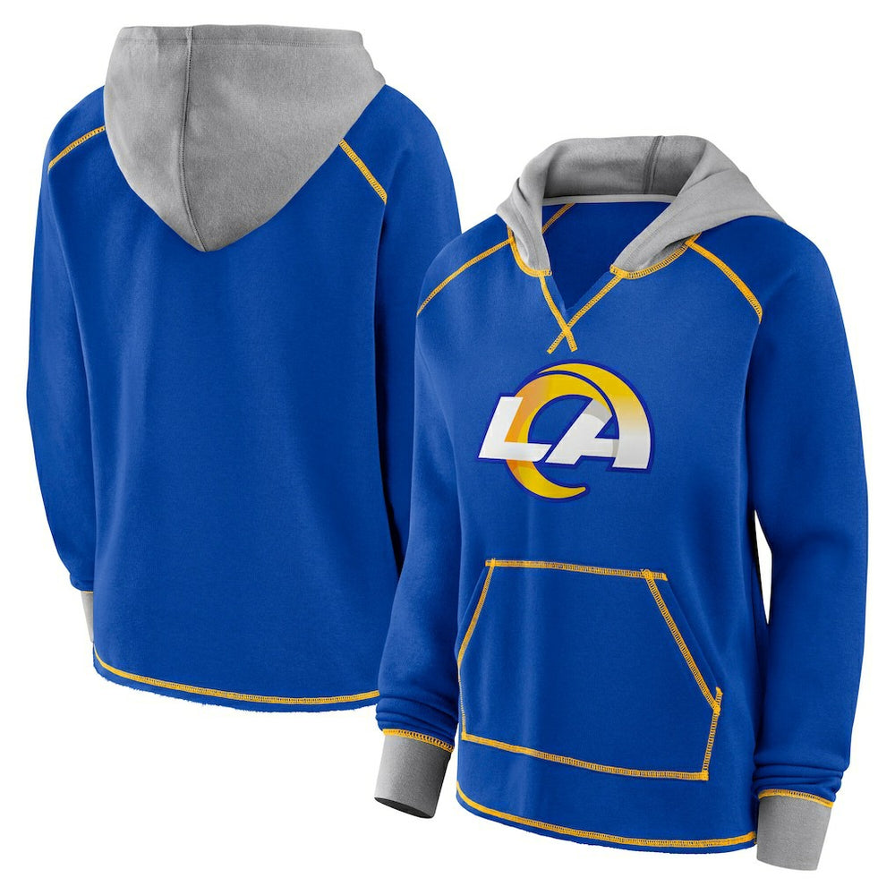 Los Angeles Rams Logo Athletic Women's Boom Fleece Pullover V-Neck Hoodie - Royal - NFL
