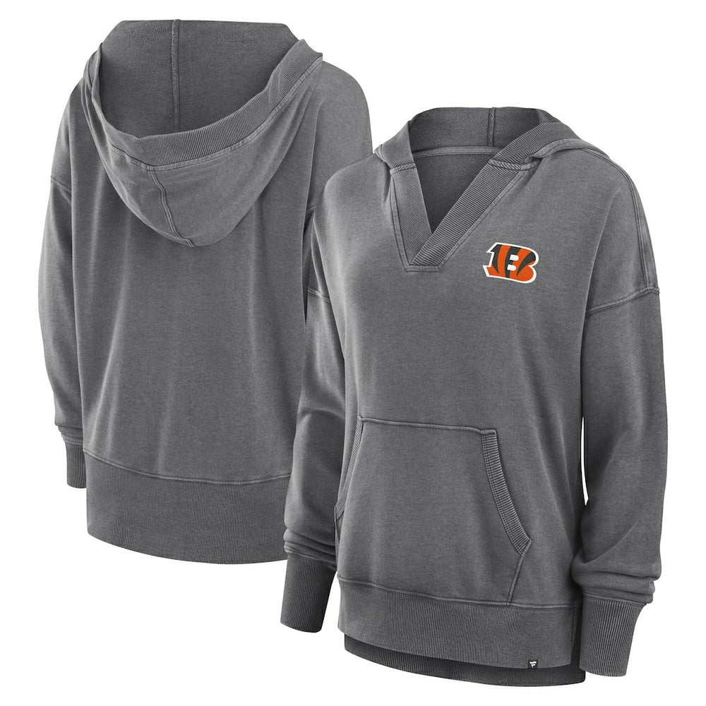 Cincinnati Bengals Women's Initiative Snow Wash French Terry V-Neck Pullover Hoodie - Heather Charcoal - Fanatics