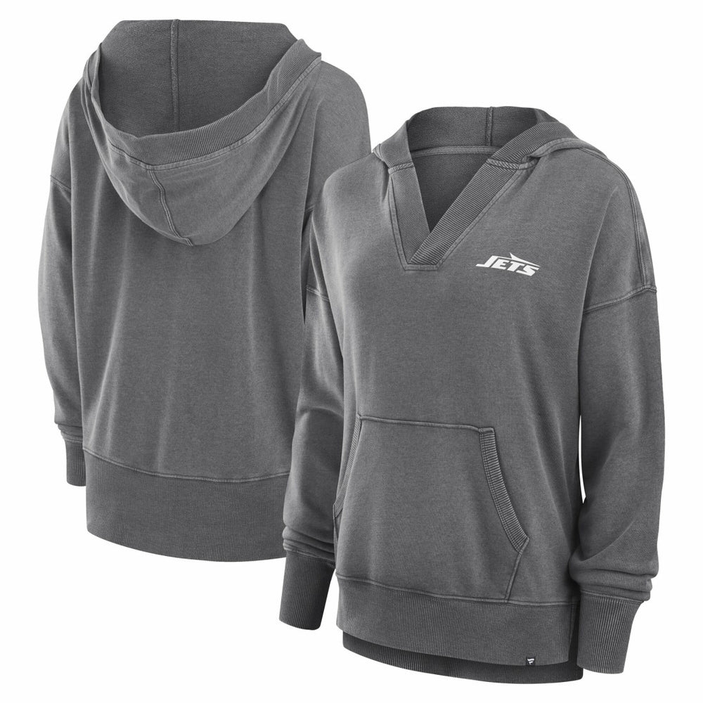 New York Jets Women's Initiative Snow Wash French Terry V-Neck Pullover Hoodie - Heather Charcoal - Fanatics