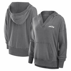 New York Jets Women's Initiative Snow Wash French Terry V-Neck Pullover Hoodie - Heather Charcoal - Fanatics